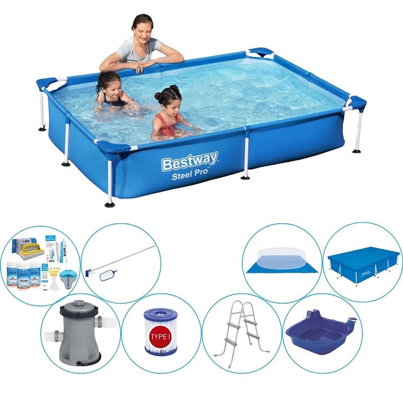 Foto van Bestway steel pro rechthoekig zwembad - 221 x 150 x 43 cm - blauw - premium set