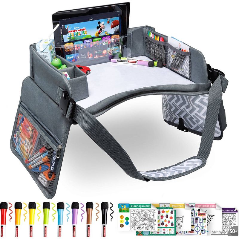 Foto van Rx goods premium reistafel met tekentafel & tablethouder- opvouwbaar - auto organizer - whiteboard - lichtgrijs