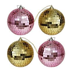 Foto van Kerstballen disco - 4x st - goud en roze - 10 cm - kunststof - kerstbal