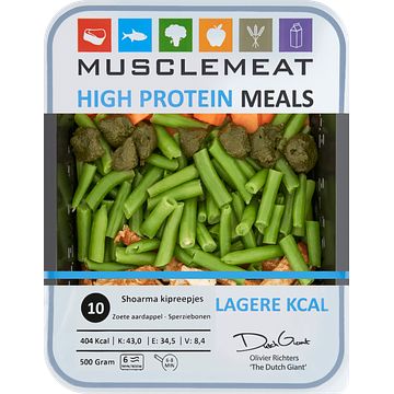 Foto van Muscle meat high protein meals shoarma kipreepjes zoete aardappel sperziebonen 500g bij jumbo