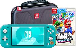 Foto van Nintendo switch lite turquoise + super mario bros. wonder + beschermhoes