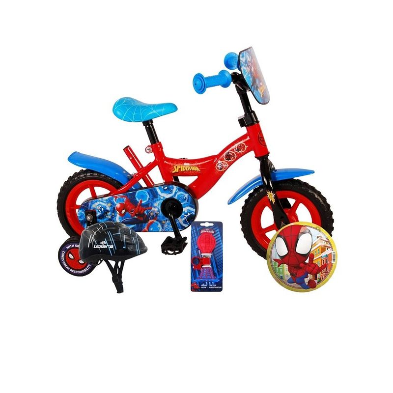 Foto van Volare kinderfiets spider-man - 10 inch - doortrapper - met fietshelm en accessoires