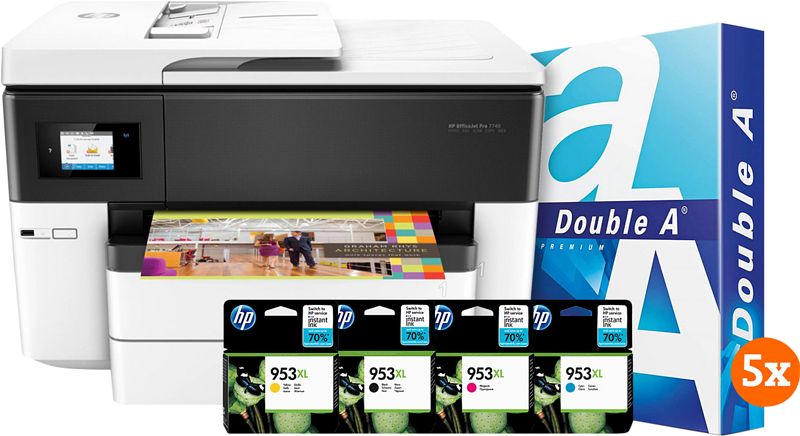 Foto van Hp officejet 7740 + 1 set extra inkt + 2500 vellen a4 papier