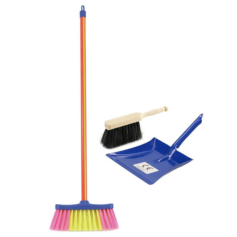 Foto van Speelgoed schoonmaak set stoffer en blik blauw met gekleurde bezem - stoffer en blik