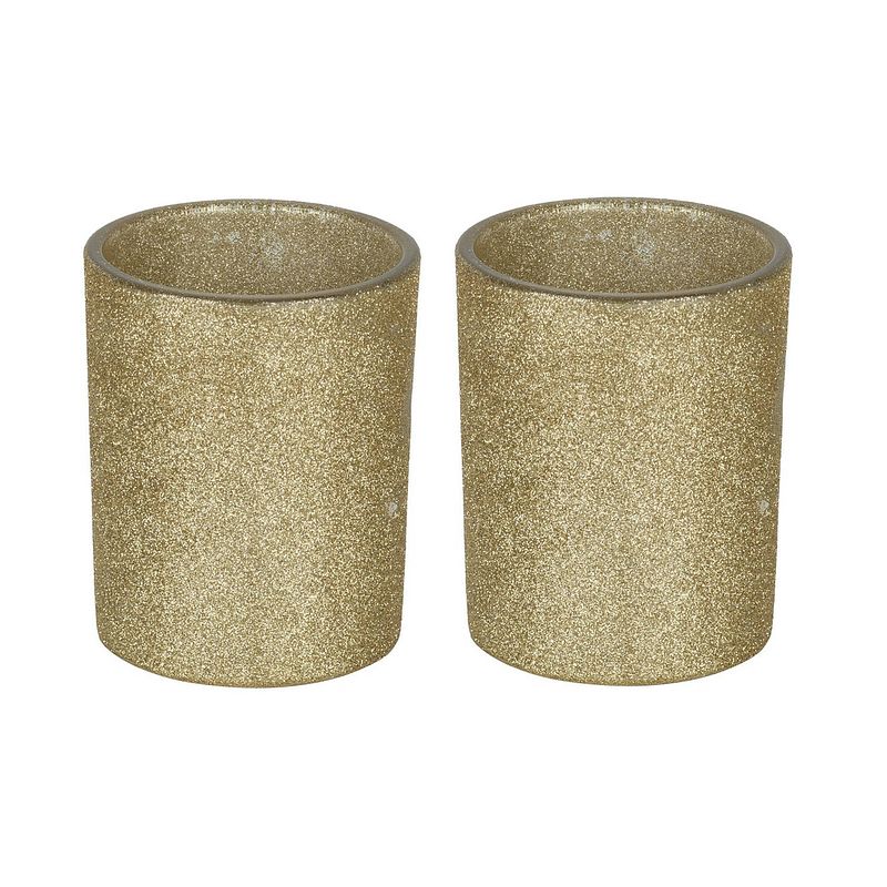 Foto van 2x gouden theelichthouders/waxinelichthouders glitter 10 cm - waxinelichtjeshouders