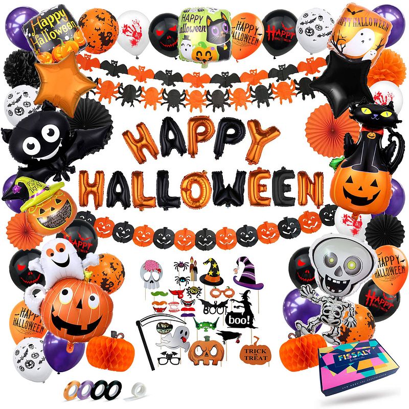 Foto van Fissaly® 89 stuks halloween decoratie set - griezelige feest versiering met slingers & ballonnen - feestversiering