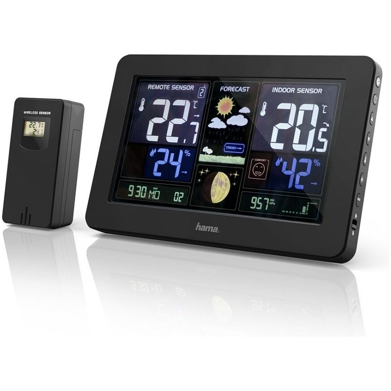 Foto van Hama weerstation premium, met led-kleurendisplay en usb-oplaadfunctie weerstation zwart