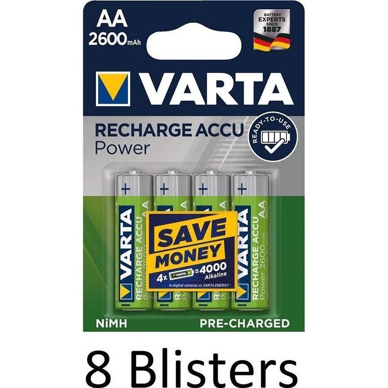 Foto van 32 stuks (8 blisters a 4 st) varta aa oplaadbare batterijen 2600 mah