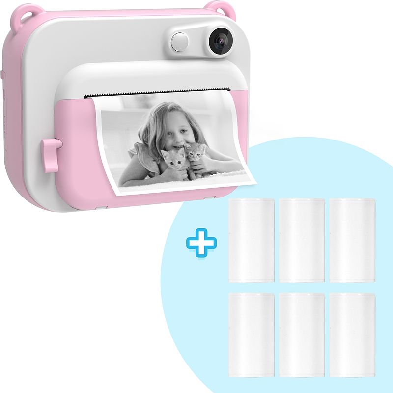 Foto van Kindercamera met printer - roze - combideal met 6x printpapier wit