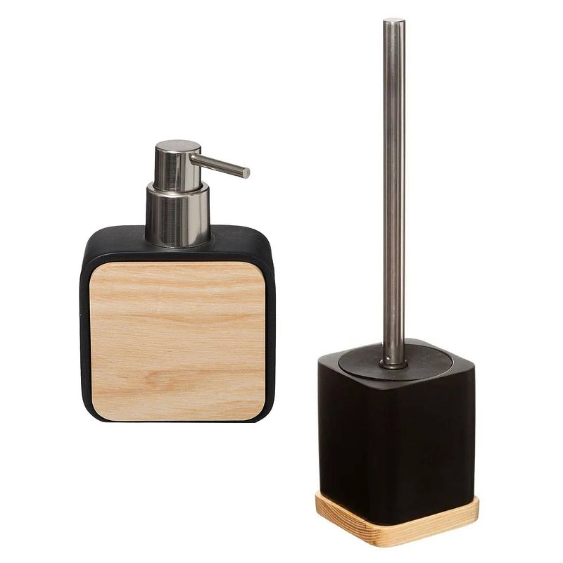 Foto van Badkamer/toilet accessoires set - wc-borstel in houder en zeeppompje - zwart - bamboe - 200 ml - badkameraccessoireset