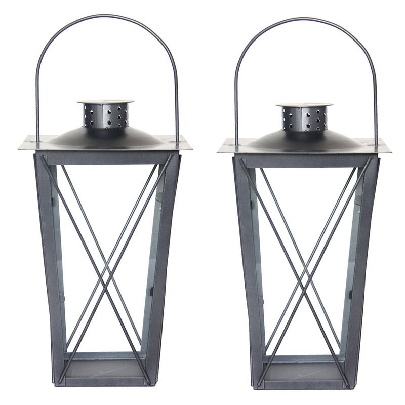 Foto van Set van 2x stuks zilveren tuin lantaarn/windlicht van ijzer 17 x 17 x 30 cm - lantaarns