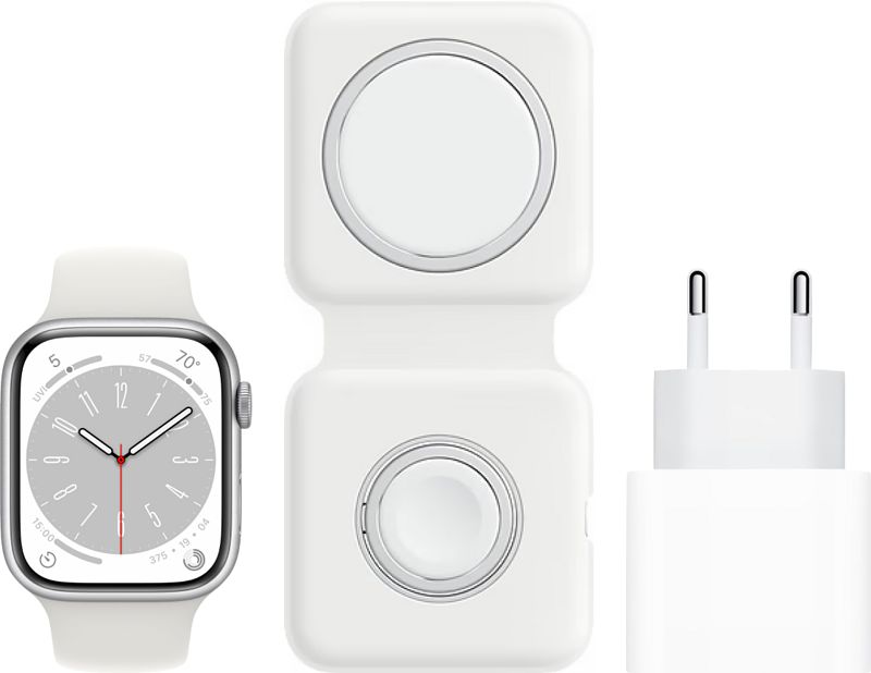 Foto van Apple watch series 8 4g 45mm zilver aluminium witte sportband + magsafe oplaadpakket