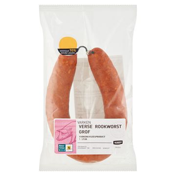 Foto van 2 voor € 4,00 | jumbo verse rookworst grof 250g aanbieding bij jumbo