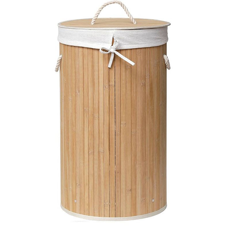 Foto van 4goodz bamboe ronde wasmand met deksel en handvaten - 50 l - 30x60 cm