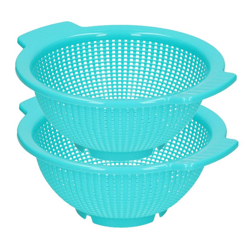 Foto van Forte plastics set van 2x stuks kunststof keuken vergiet turquoise blauw 27 x 24 x 10 cm - vergieten