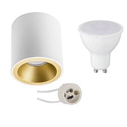 Foto van Opbouwspot set - pragmi cliron pro - gu10 fitting - opbouw rond - mat wit/goud - 6w - helder/koud wit 6400k - verdiept -