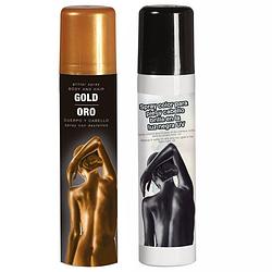 Foto van Guirca haarspray/bodypaint spray - 2x kleuren - goud en zwart - 75 ml - verkleedhaarkleuring