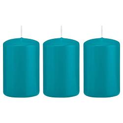 Foto van 3x kaarsen turquoise blauw 5 x 8 cm 18 branduren sfeerkaarsen - stompkaarsen