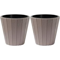 Foto van Prosperplast plantenpot/bloempot wood style - 2x - buiten/binnen - kunststof - beige - d30 x h28 cm - plantenpotten