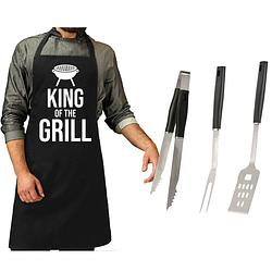 Foto van Bbq/barbecue gereedschap set 3-delig rvs met zwart schort king of the grill - barbecuegereedschapset