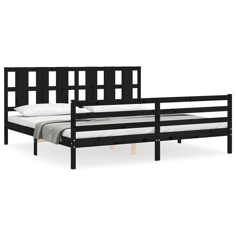 Foto van The living store bed grenenhout - zwart - 205.5 x 205.5 x 100 cm - multiplex lattenbodem - functioneel hoofd- en