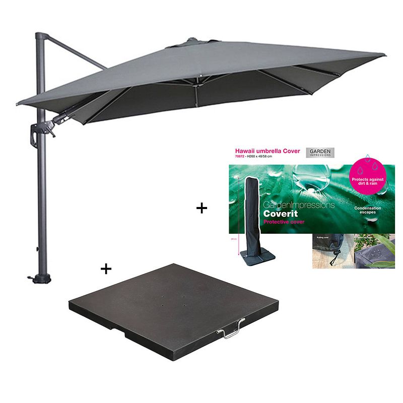 Foto van Garden impressions hawaii zweefparasol 300x300 cm donker grijs/donker grijs met 90 kg parasolvoet en parasolhoes