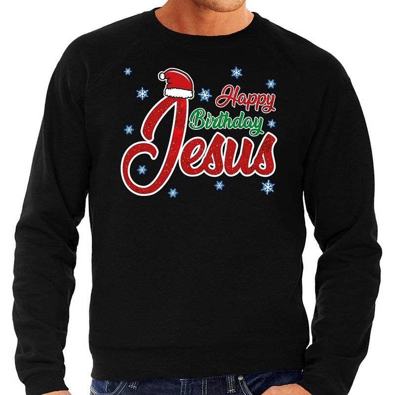 Foto van Foute kerstborrel trui / kersttrui happy birthday jesus / jezus zwart voor heren 2xl (56) - kerst truien