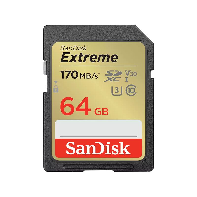 Foto van Sandisk sdxc extreme 64gb 170/80 mb/s - v30 - rescue pro dl 1y micro sd-kaart zwart