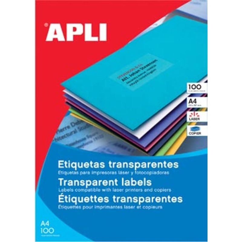 Foto van Apli transparante etiketten ft 210 x 297 mm (b x h), 20 stuks, 1 per blad, doos van 20 blad