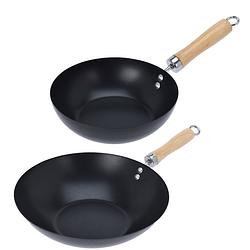 Foto van Excellent houseware wok/hapjes/bak pannen - 2x stuks - met antiaanbaklaag - staal - d20 en d30 cm - koekenpannen