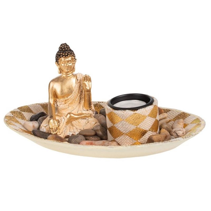 Foto van Boeddha beeld met waxinelichthouder voor binnen goud 27 cm - beeldjes