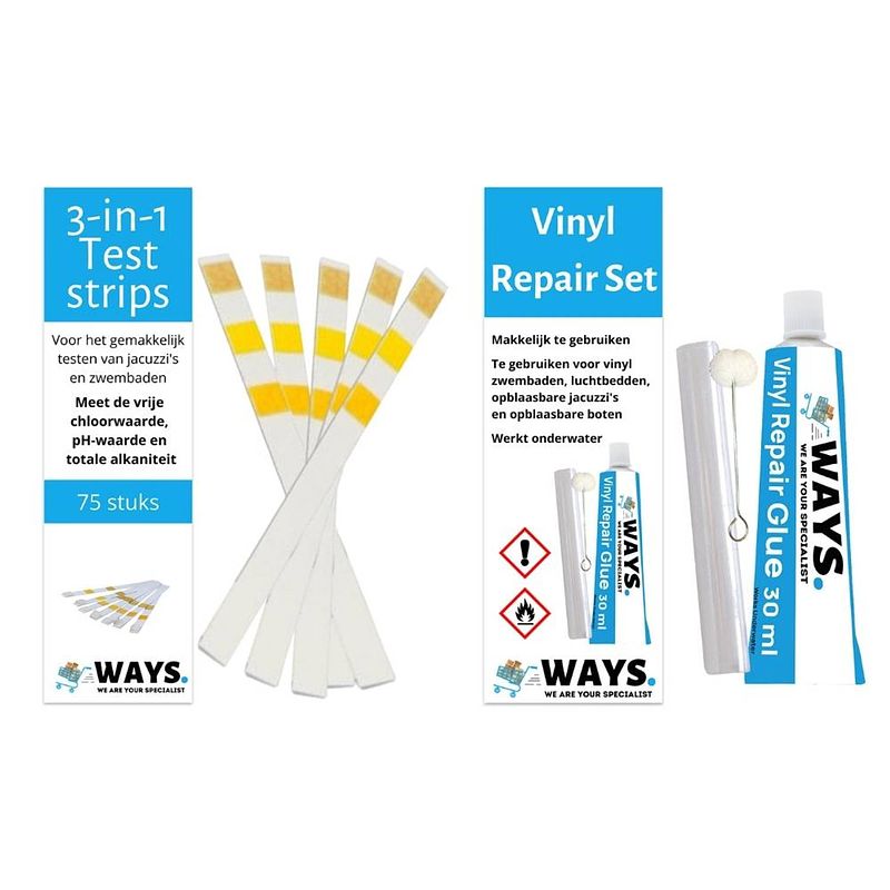 Foto van Ways - zwembad onderhoud - handige combinatieset - 75 teststrips en reparatieset