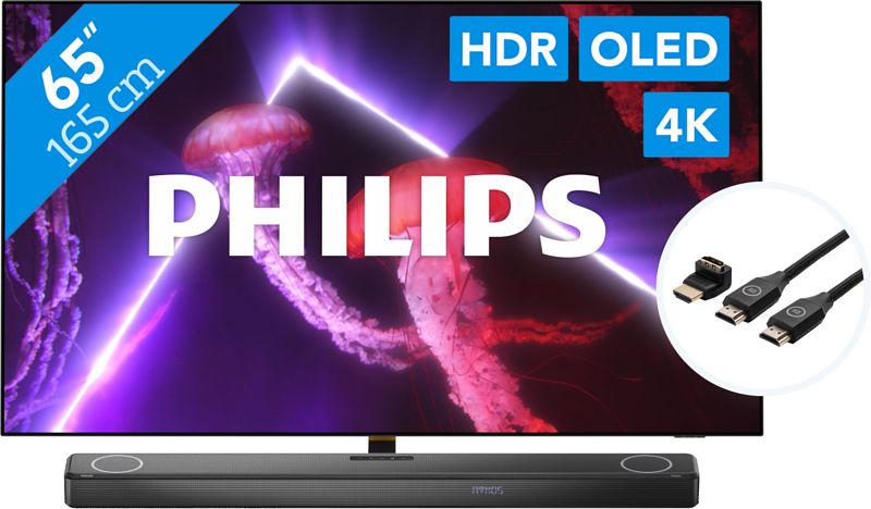 Foto van Philips 65oled807 - ambilight (2022) + soundbar + hdmi kabel