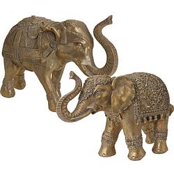 Foto van 2x olifanten dieren tuinbeelden antiek goud 27 en 36 cm - tuindecoratie/tuinaccessoires - decoratiebeelden - tuinbeelden