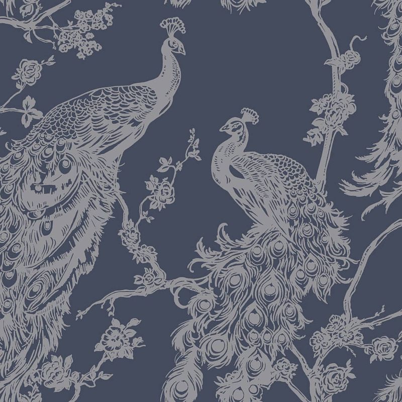 Foto van Dutch wallcoverings behang peacock marineblauw en zilverkleurig