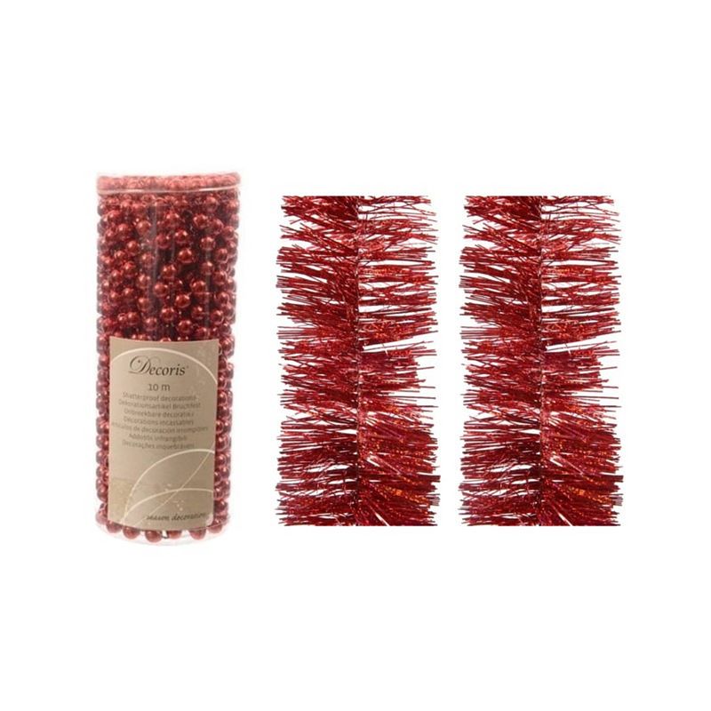 Foto van Kerstversiering set van 2x stuks folieslingers en 1x stuks kralenslingers rood glitter - kerstslingers