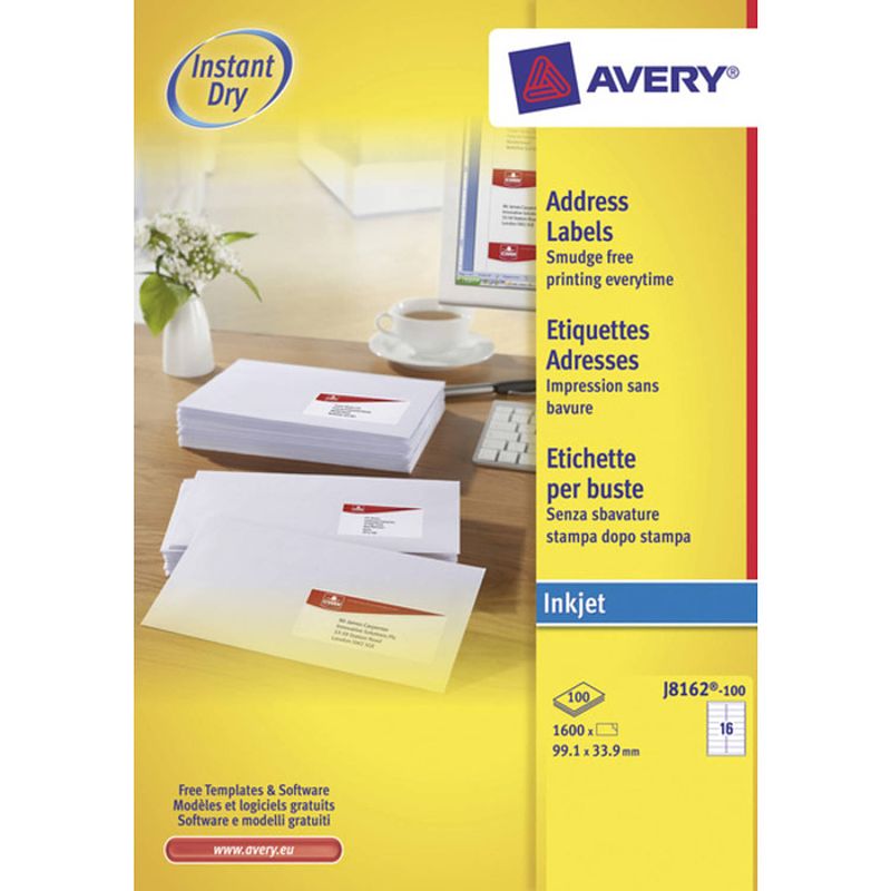 Foto van Inkjetetiket avery 99,1x33,9mm wit 100 vel 16 etiketten per vel