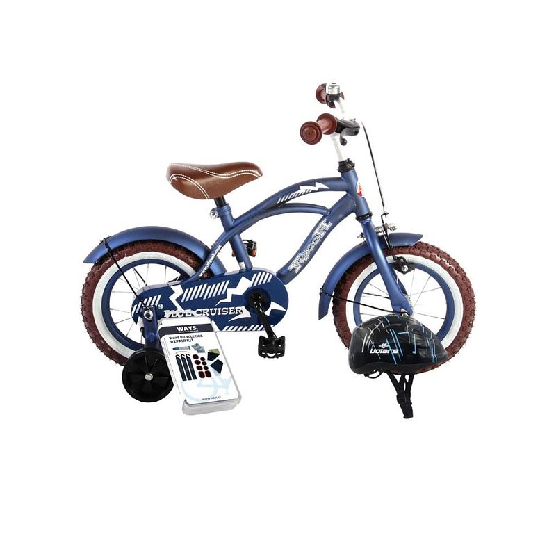 Foto van Volare kinderfiets blue cruiser - 12 inch - blauw - met fietshelm & accessoires