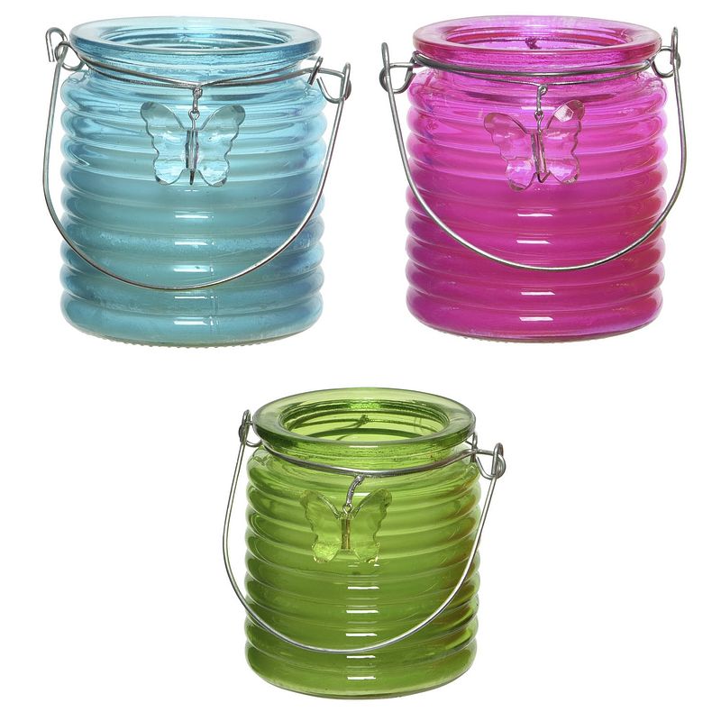 Foto van Set van 3x stuks citronella anti muggen kaarsen windlicht blauw, roze en groen 20 branduren - geurkaarsen