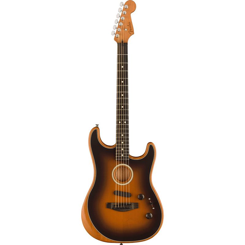 Foto van Fender american acoustasonic stratocaster 2-color sunburst eb elektrisch-akoestische gitaar met deluxe gigbag