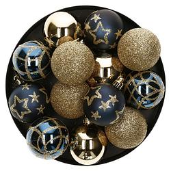 Foto van 15x stuks kerstballen mix goud/blauw gedecoreerd kunststof 5 cm - kerstbal