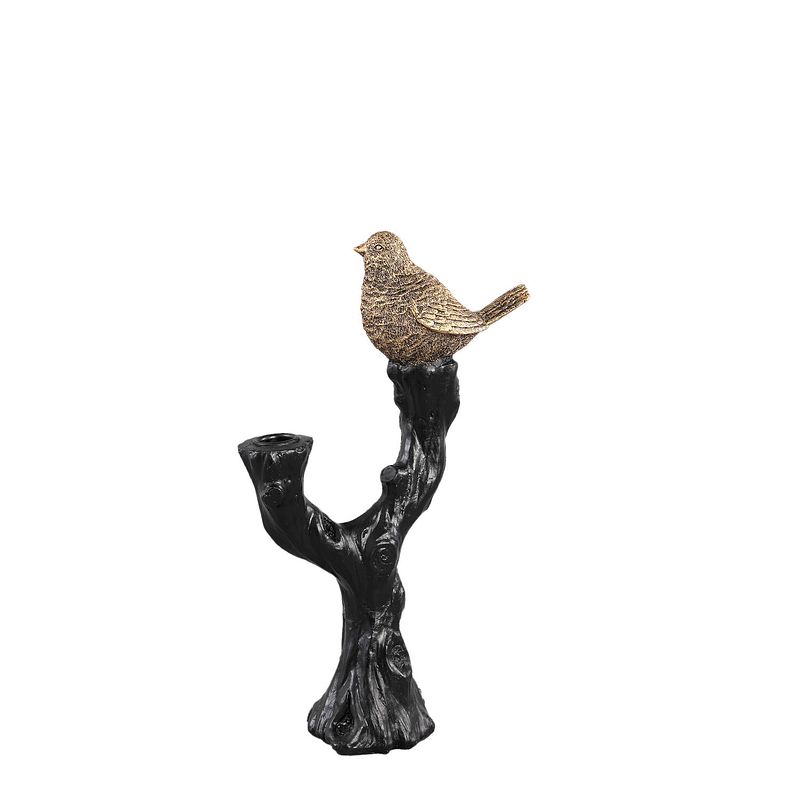 Foto van Ptmd rezza black metal candleholder with gold bird on t