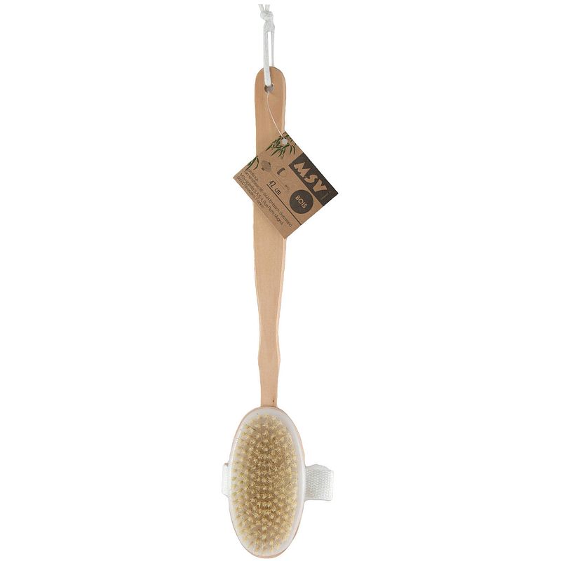 Foto van Msv bad/douche scrub borstel - fsc bamboe - 42 cm - ophanglus - afneembare borstel - badkameraccessoireset