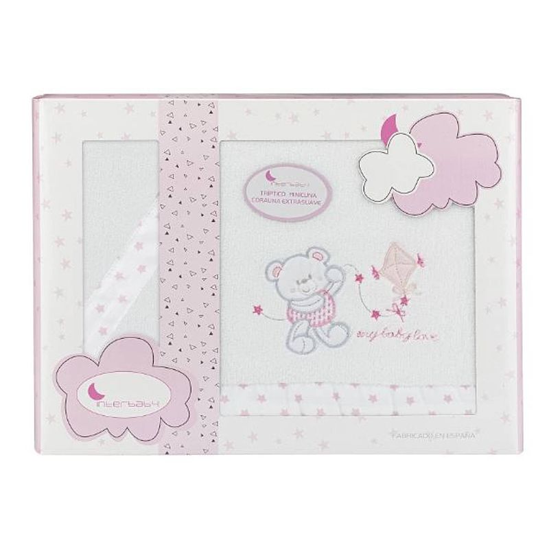 Foto van Interbaby beddengoed baby love 106 cm fleece wit/roze 3-delig