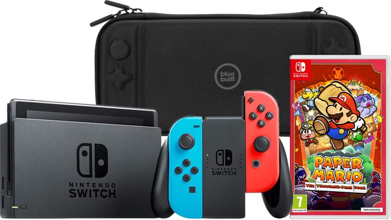 Foto van Nintendo switch rood/blauw + paper mario + bluebuilt beschermhoes