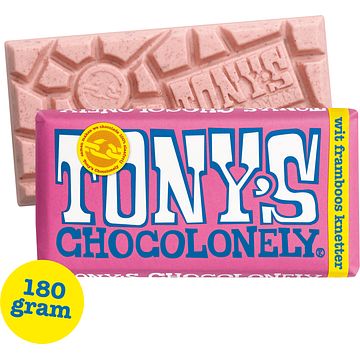 Foto van 2 voor € 4,50 | tony's chocolonely wit 28% framboos knettersuiker chocolade reep 180g aanbieding bij jumbo