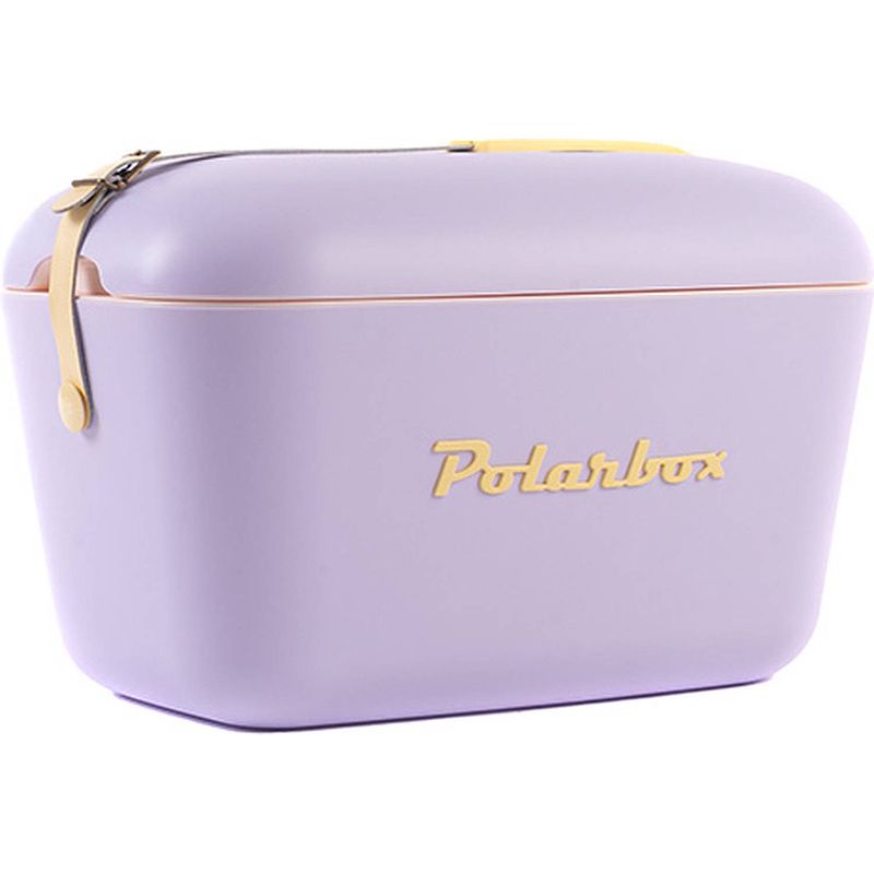 Foto van Polarbox retro koelbox pop malva paars met gele band - 20 liter - duurzaam geproduceerde trendy koelbox