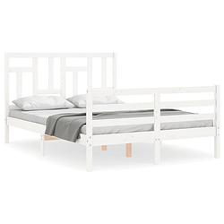 Foto van The living store bedframe massief grenenhout - wit - 205.5 x 145.5 x 100 cm - multiplex lattenbodem