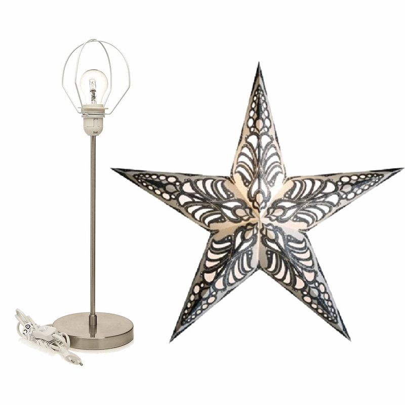 Foto van Decoratie kerstster wit/zilver 60 cm inclusief tafellamp/lamp standaard - kerststerren