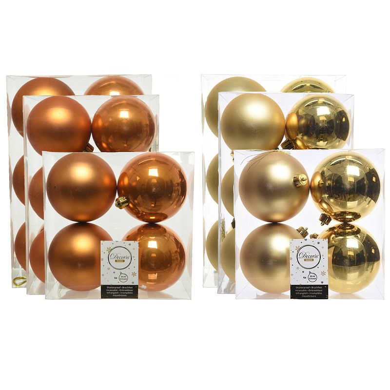 Foto van Kerstversiering kunststof kerstballen mix cognac/goud 6-8-10 cm pakket van 44x stuks - kerstbal